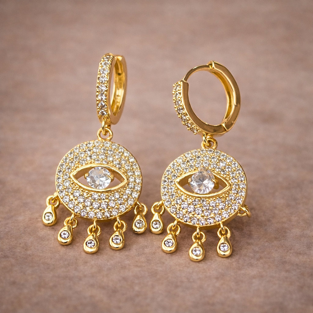 Evil Eye Gold Plated Cubic Zirconia Anti Tarnish Copper Hoop Earrings