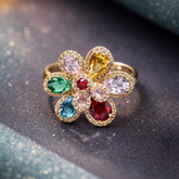 Blue Multi Color Flower Gold Plated CZ Copper Adjustable Cocktail Ring