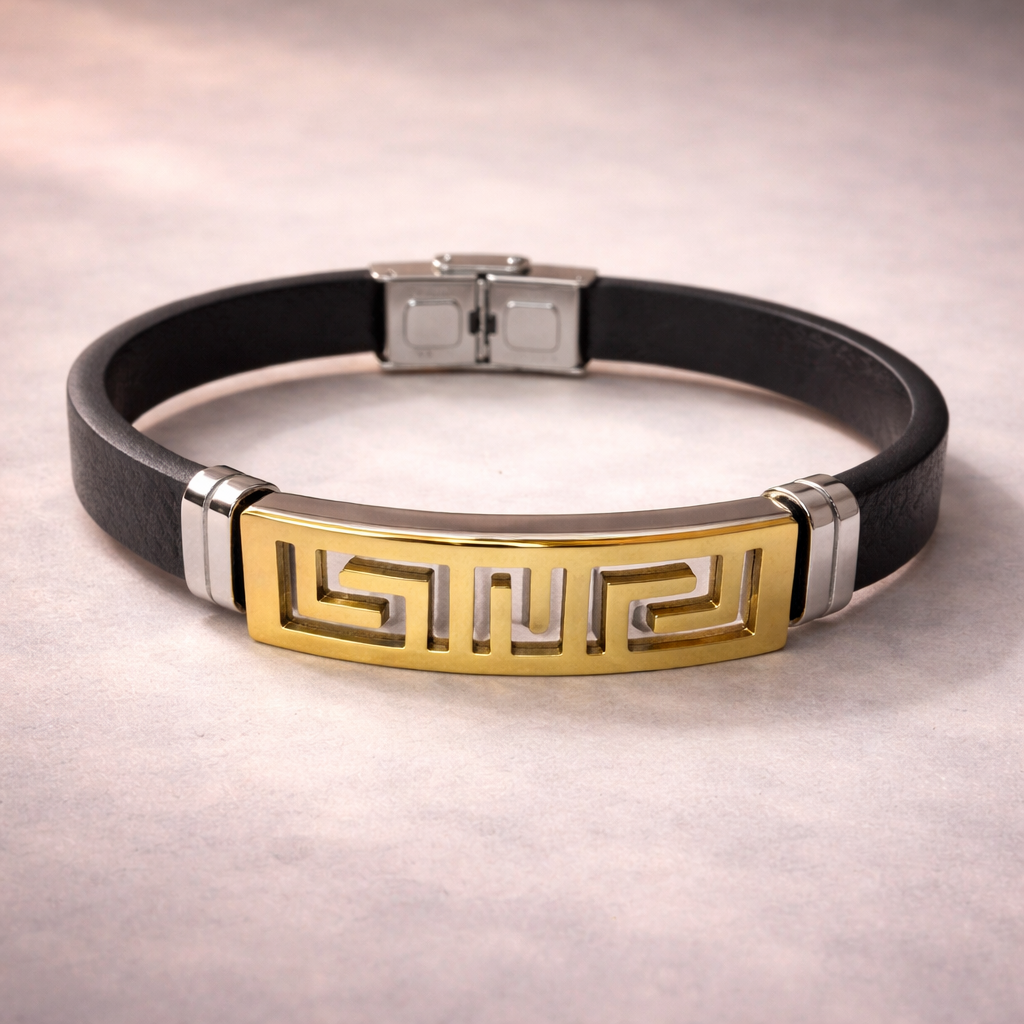 Black Greek Key Pattern Gold Plated Plain Rubber Bracelet For Men