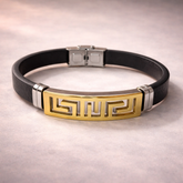 Black Greek Key Pattern Gold Plated Plain Rubber Bracelet For Men