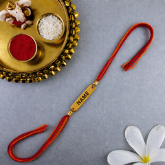 Customized Personalised Engraving Gold Plated Red Orange Thread Rakhi
