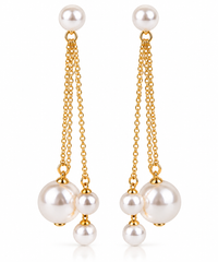 Elegant Gold Plated Long Chain Triple White Faux Pearl Dangler Earrings