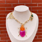Pink & Orange Insect Charm Gold Plated Beads Pendant Chain Necklace