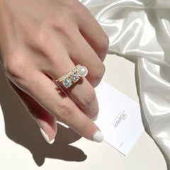 White Two Stone Gold Plated CZ Pearl Copper Adjustable Fancy Ring