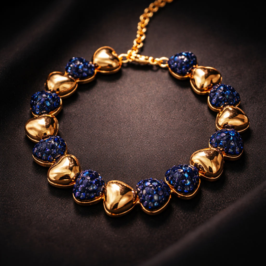 Blue Heart Gold Plated CZ Anti Tarnish Copper Bracelet For Women