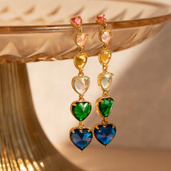 Multi Color Heart Gold Plated CZ Anti Tarnish Copper Dangler Earrings