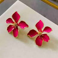 Pink Flower Gold Plated Enamel Alloy Stud Earrings For Women