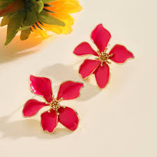 Pink Flower Gold Plated Enamel Alloy Stud Earrings For Women