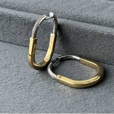 Two Tone Gold Silver Cubic Zirconia Anti Tarnish Stainless Steel Hoop Earrings