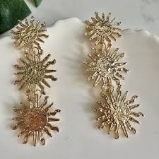 Gold Sun Triple Drop Fashion Dangler Earrings