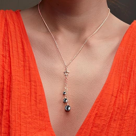 Black Beads Tassel with Star Charm Rose Silver Gold Brass Necklace