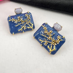 Blue Flower Gold Enamel Anti Tarnish Copper Stud Earrings Women