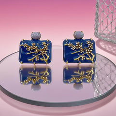 Blue Flower Gold Enamel Anti Tarnish Copper Stud Earrings Women