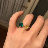 Dual Heart Emerald Gold CZ Copper Anti Tarnish Adjustable Fancy Ring