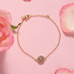Brass 18k Rose Gold Round Crystal Halo Chain Bracelet For Women
