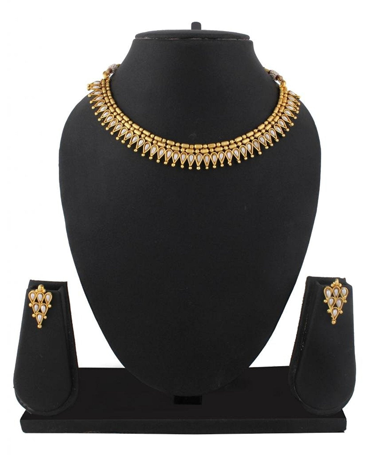 Dainty Traditional Temple Gold Plated Pearl Necklace Earring Set Women