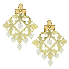 Statement Large Filigree Flower Pearl Antique Gold Chandelier Earring