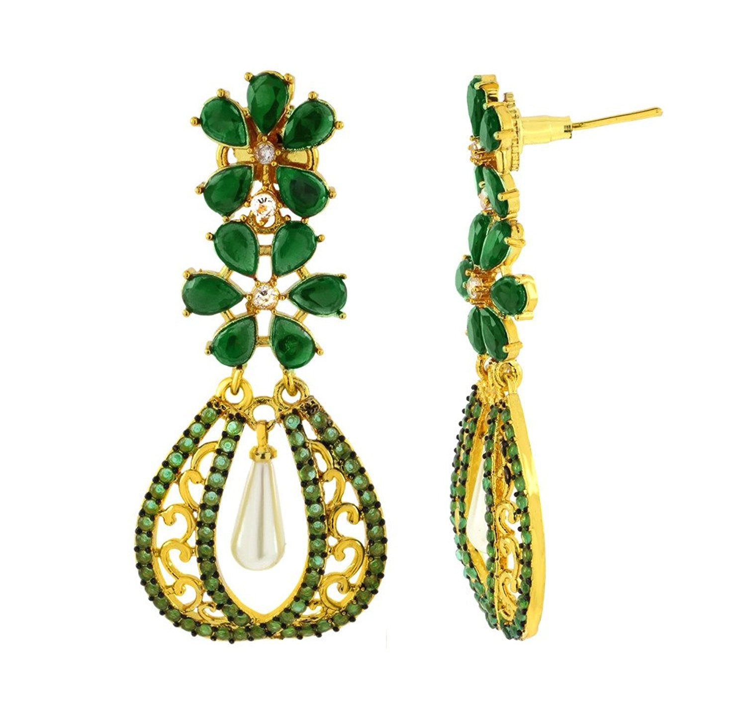 Kundan Flower Filigree Antique Green 18K Gold Dangler Earring