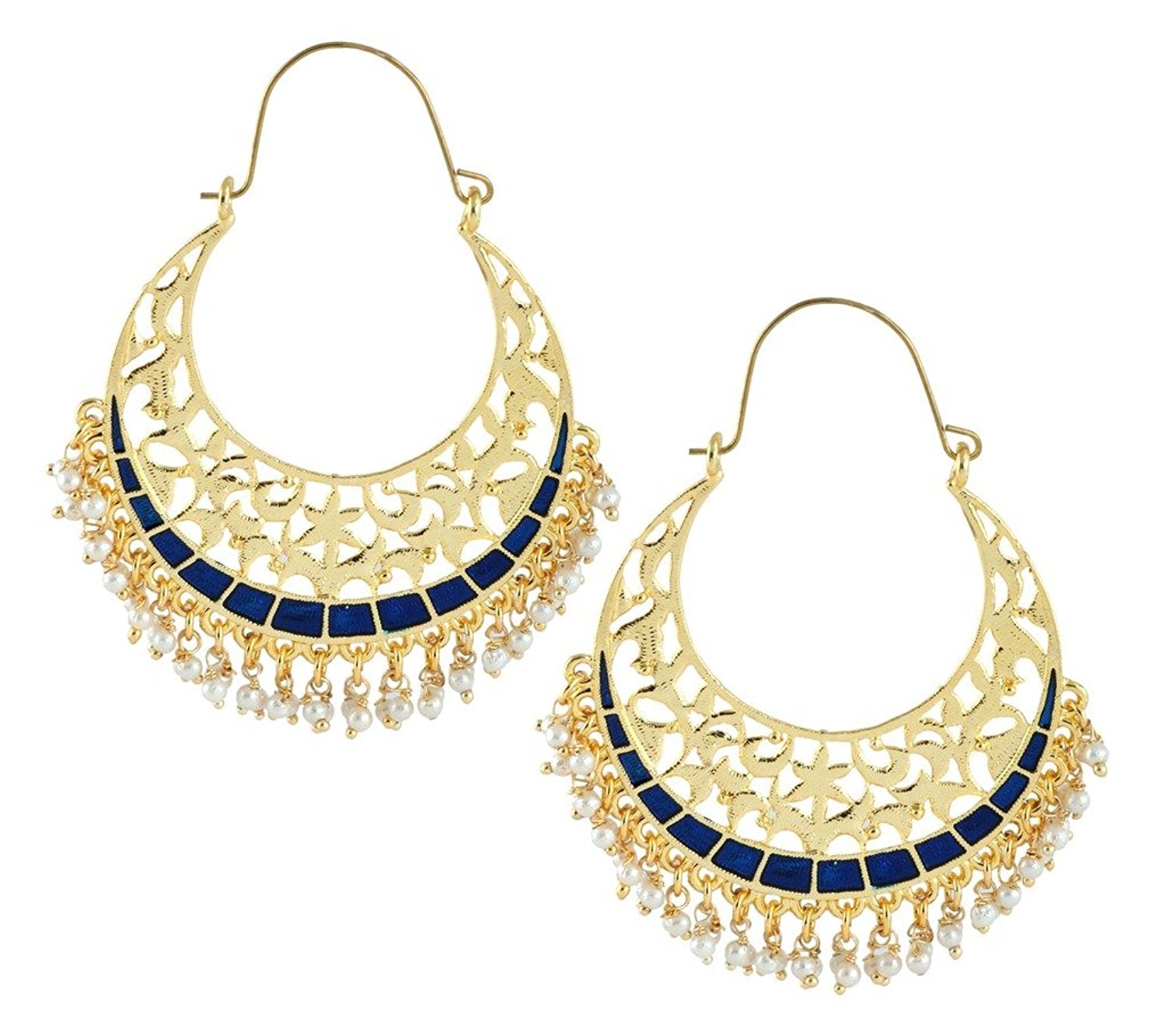 Filigree Chaand Bali Antique Gold Blue Meena Hoop Earring For Women
