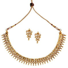 Dainty Traditional Temple Gold Plated Pearl Necklace Earring Set Women
