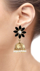 Cute Flower 18K Gold Spinel Black Pearl Jhumki Earring For Women