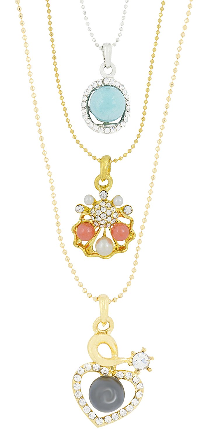 Trendy Rhodium Plated CZ Pearl Necklace Pendant Chain Set Girls