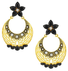 Filigree Flower Chaand Bali Black American Diamond Cz Gold Earring