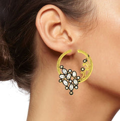 Flower Filigree Victorian Kundan American Diamond Gold Crescent Stud Earring