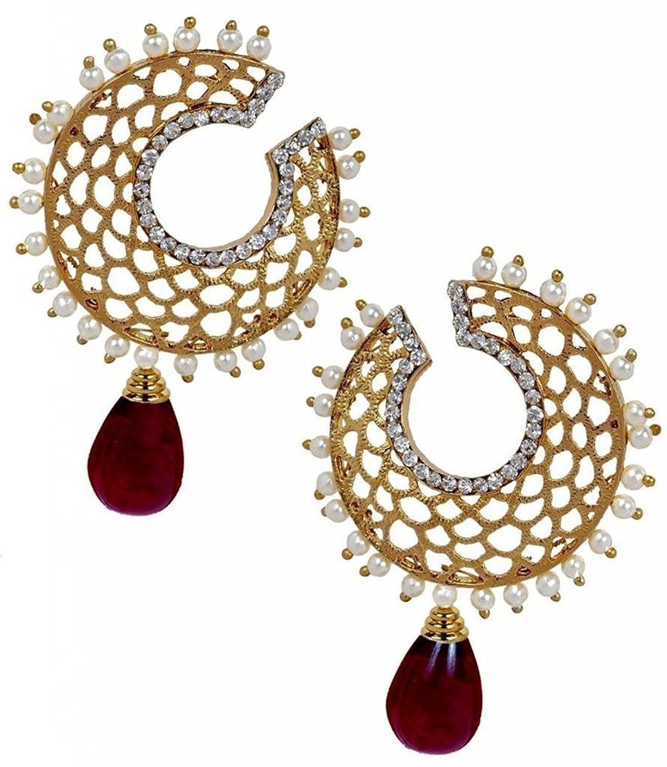 Filigree Chaand Gold Plated Garnet Maroon Drop Earring For Women