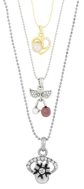 Enamel Flower Rhodium Plated CZ Pearl Necklace Pendant Chain