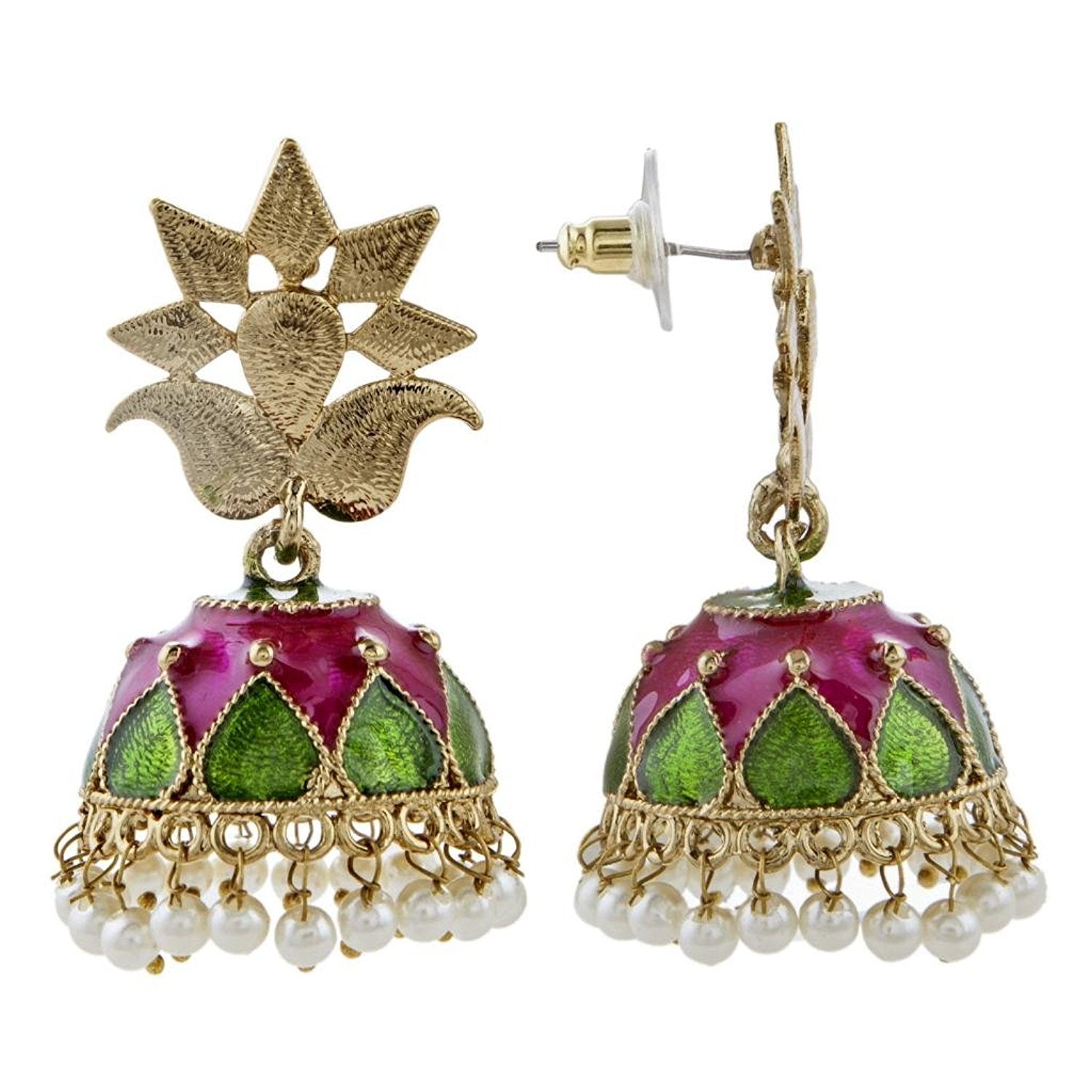 Green Gold Plated Meenakari Pearl Jhumki Earring For Women