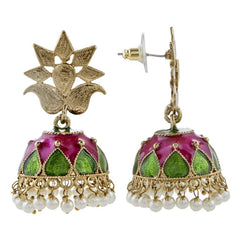 Green Gold Plated Meenakari Pearl Jhumki Earring For Women