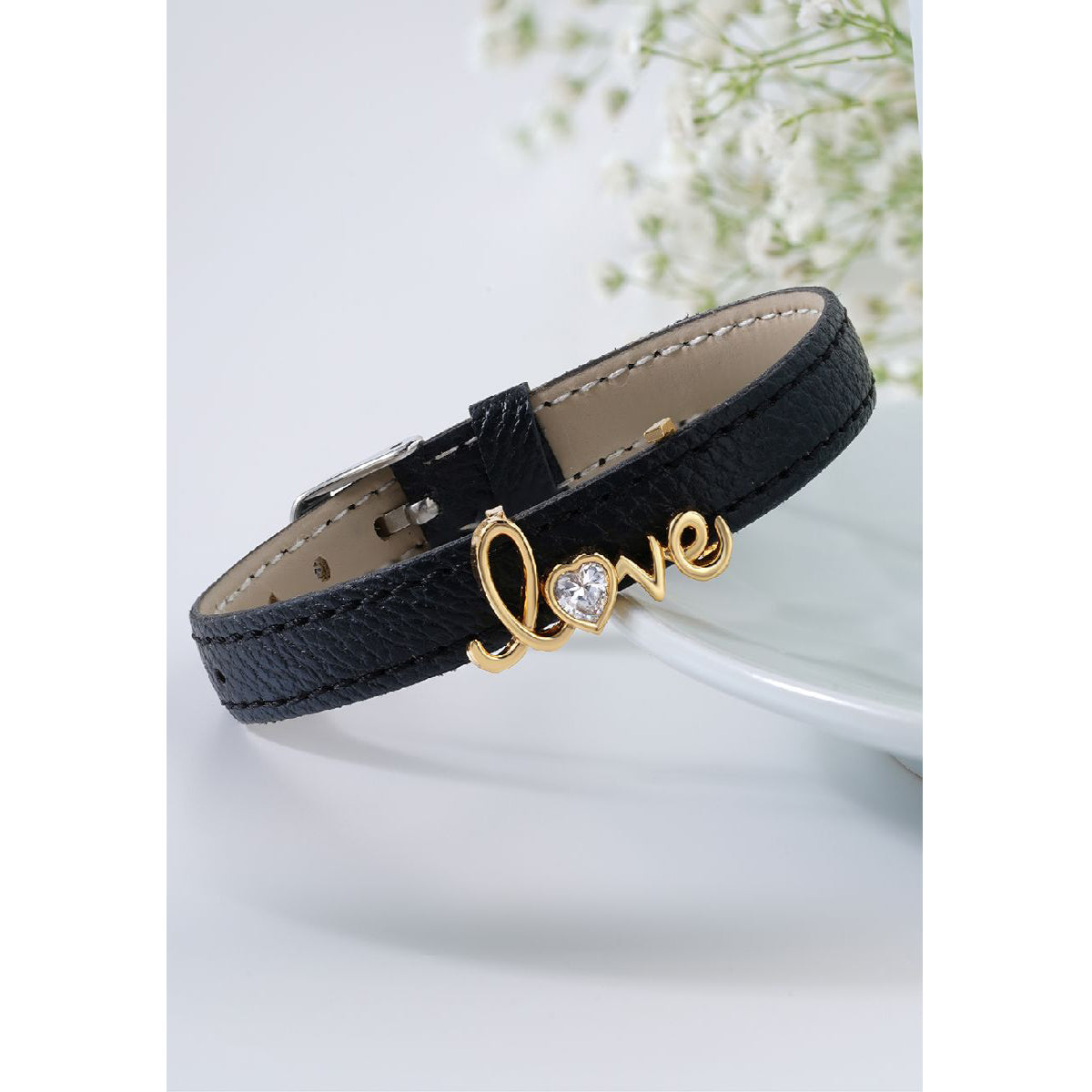 Love Cubic zirconia Leather Copper Black Gold Wrist band Bracelet Women