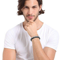 Silver Black Curb Stainless Steel Bracelet For Men