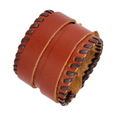 Brown Leather Black Border Stitched Buckle Fre Siz Bracelet For Men