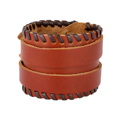 Brown Leather Black Border Stitched Buckle Fre Siz Bracelet For Men