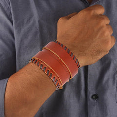 Brown Leather Black Border Stitched Buckle Fre Siz Bracelet For Men