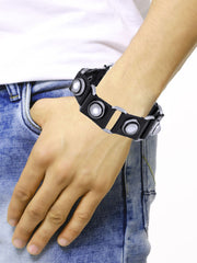 Black Genuine Leather Bullet Biker Wrist Band Bracelet