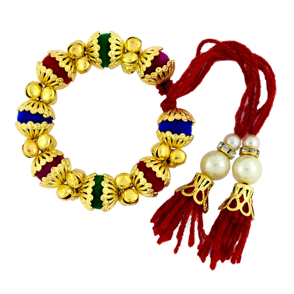 Handcrafted Red Thread Gold Plated Pearl Cz Free Size Stretch Bracelet