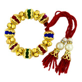 Handcrafted Red Thread Gold Plated Pearl Cz Free Size Stretch Bracelet