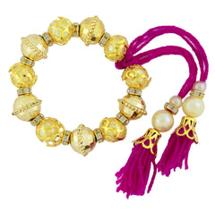 Maroon Thread Gold Pearl CZ Stretchable Bracelet Bangle