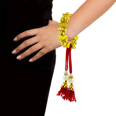 Handcrafted Red Thread Gold Beads Pearl Cz Free Size Stretch Bracelet