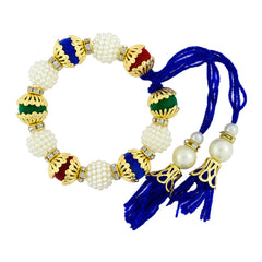 Handcrafted Blue Thread Gold Pearl Cz Free Size Stretchable Bracelet