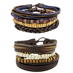 Leather Biker Brown Beads Multistrand Wrist Band Bracelet Combo
