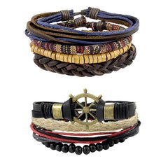 Leather Vintage Biker Multistrand Wrist Band Bracelet Combo