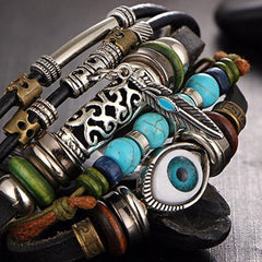Punk Turkish Evil Eye Multi Strand Turquoise Leather Bracelet Men