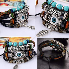 Punk Turkish Evil Eye Multi Strand Turquoise Leather Bracelet Men