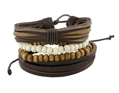 Leather Handmade Biker Brown Bead Strand Wrist Band Bracelet Combo