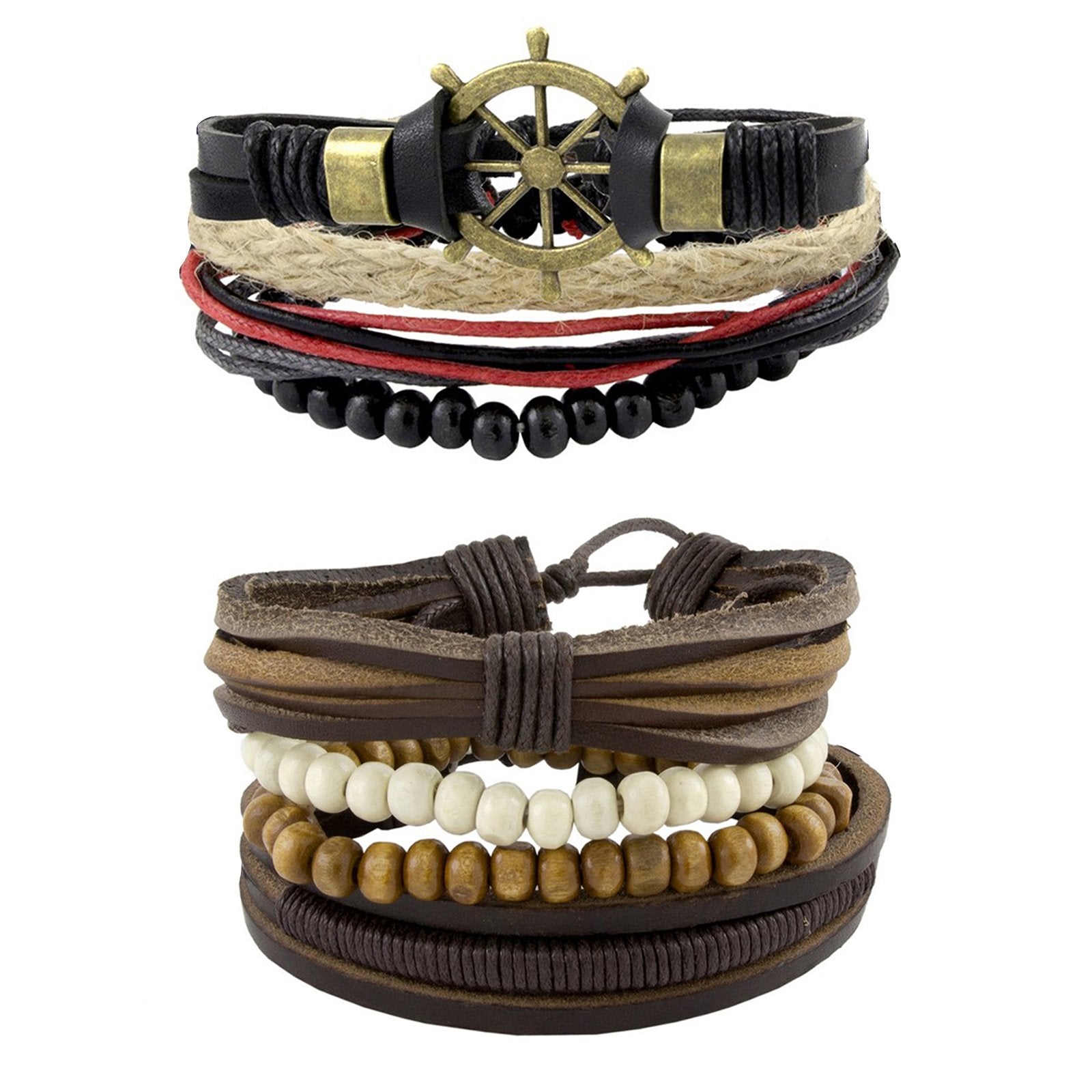Leather Thread Brown Biker Bead Strap Strand Wrist Band Bracelet Combo