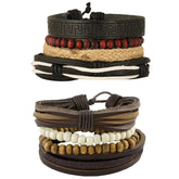 Leather Handmade Biker Brown Bead Strand Wrist Band Bracelet Combo